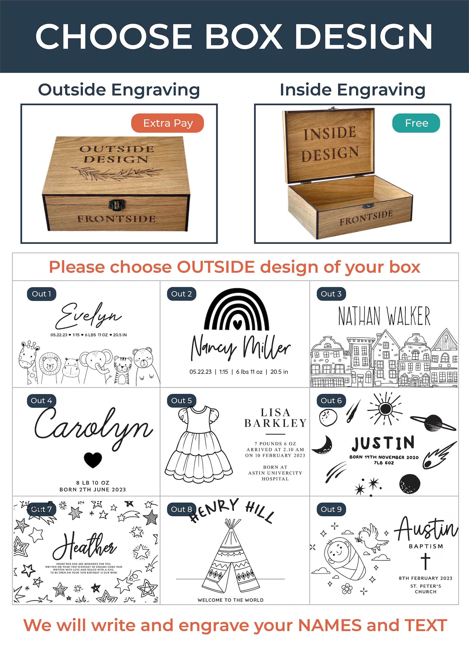 Wooden box design options with outside and inside engraving choices.