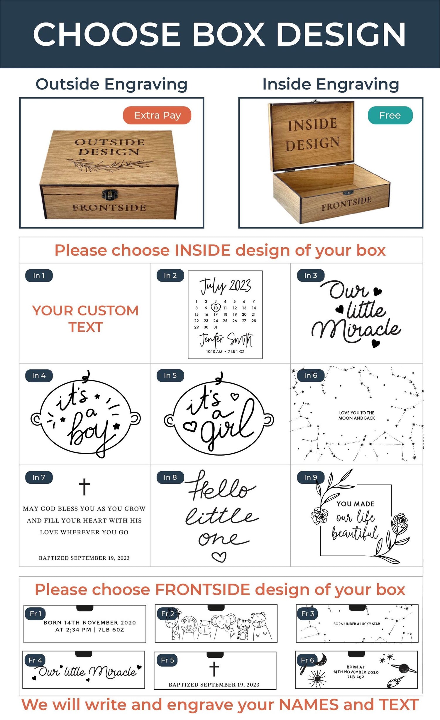 Design customization options for a box with engraving choices.