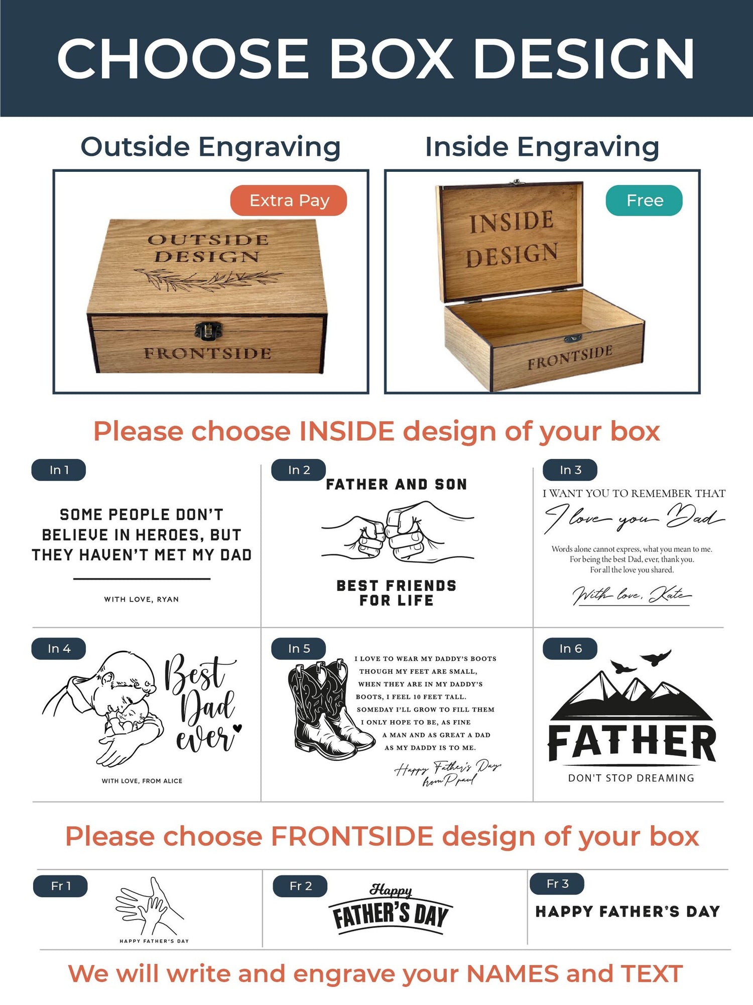 Design selection interface for engraved wooden boxes with options for inside and frontside designs.