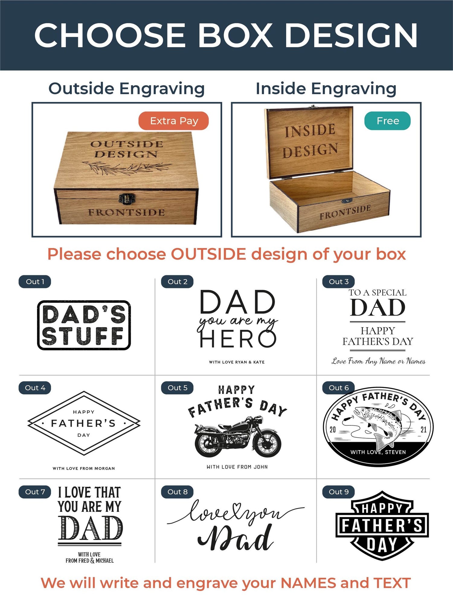 Design selection for engraved wooden boxes with various text options.