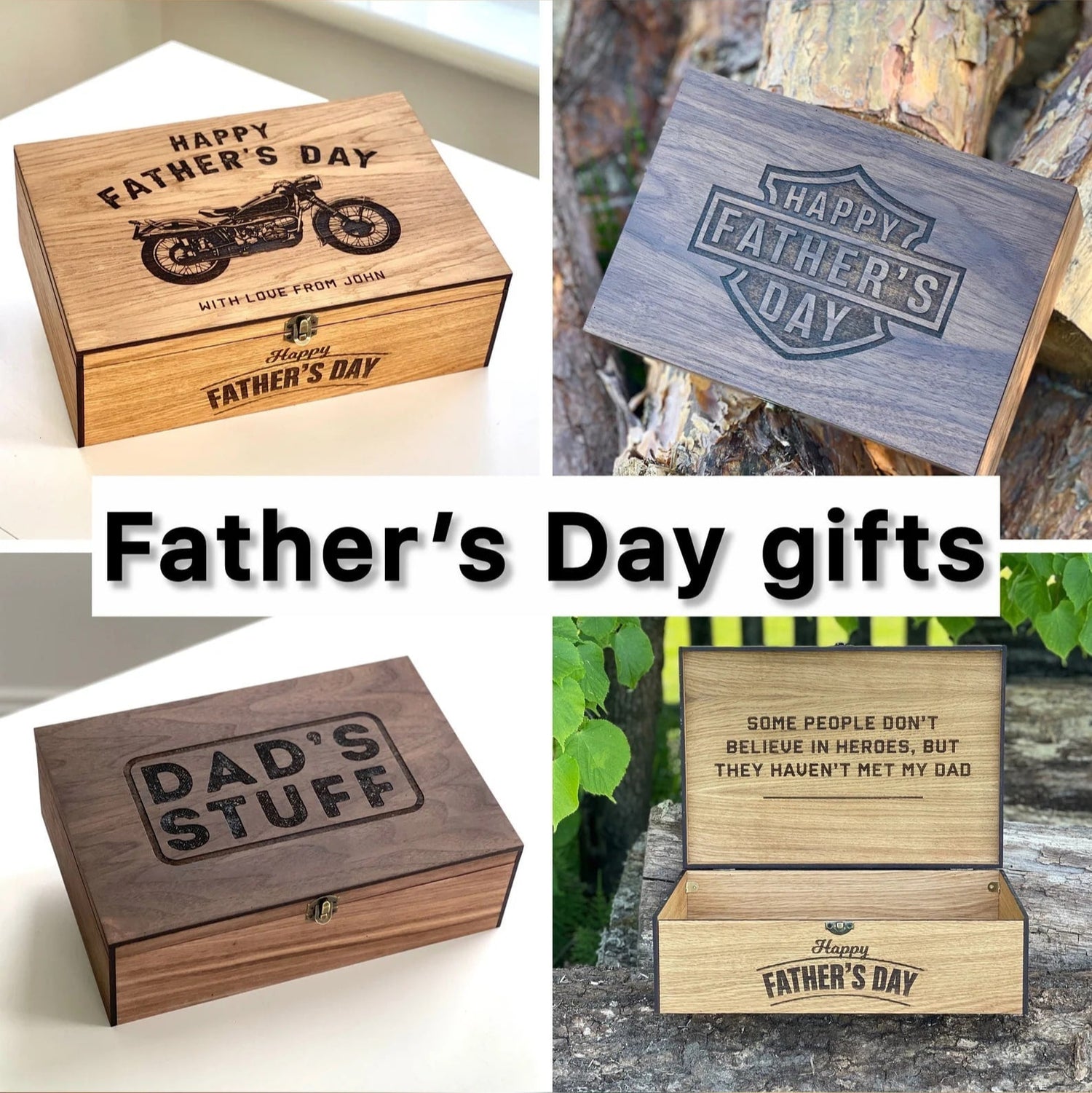 Collage of wooden Father's Day gift boxes with engraved text.