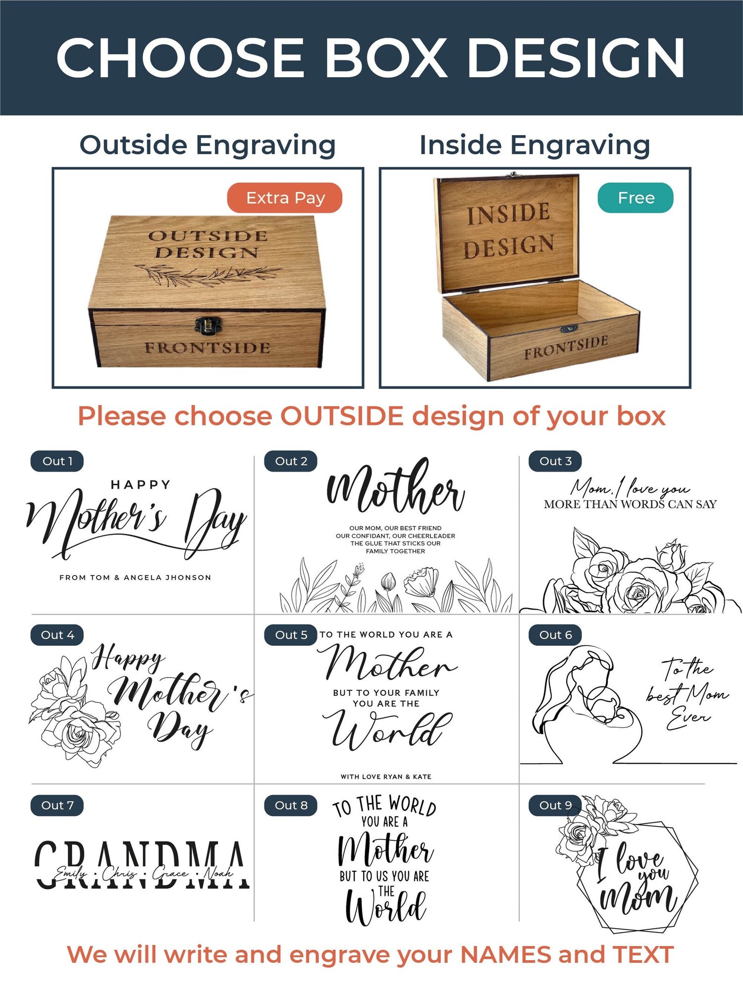 Design selection for wooden boxes with engraving options on a blue background