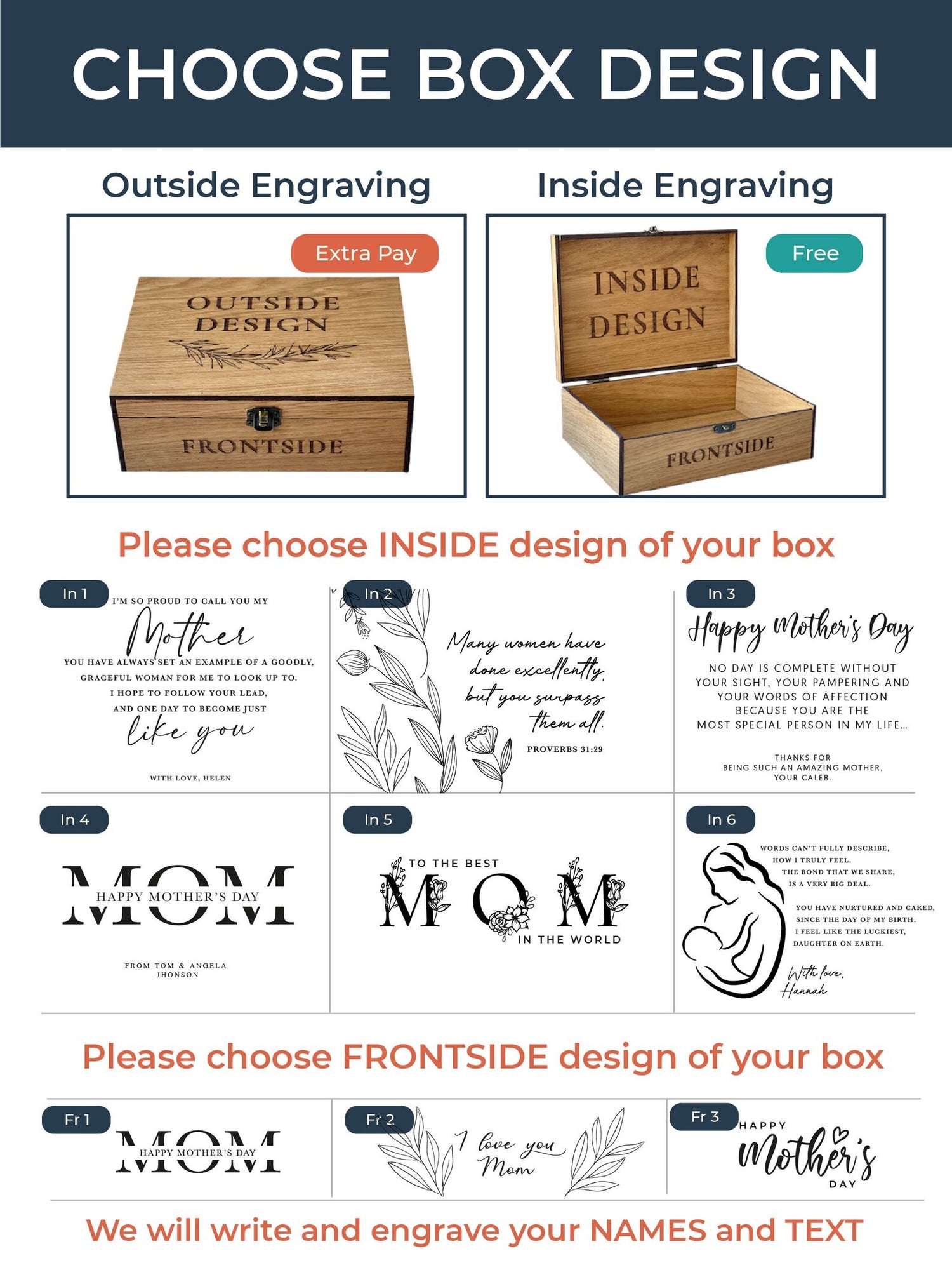 Design selection interface for engraved wooden boxes with options for inside and outside engravings.