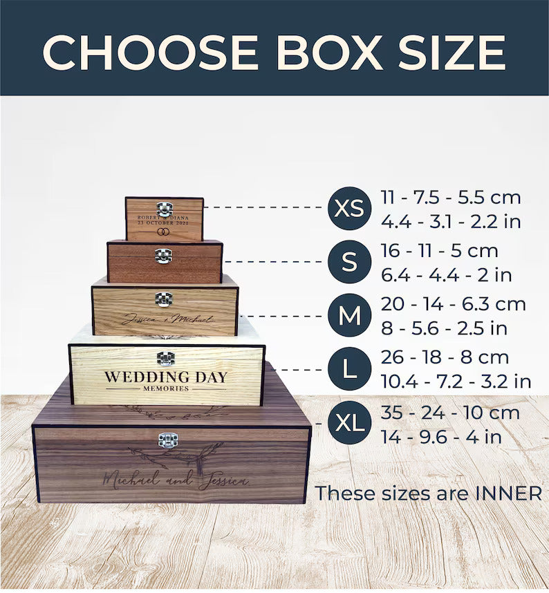 Set of wooden boxes with 'Wedding Day Memories' text, shown with size chart on a light wood background.