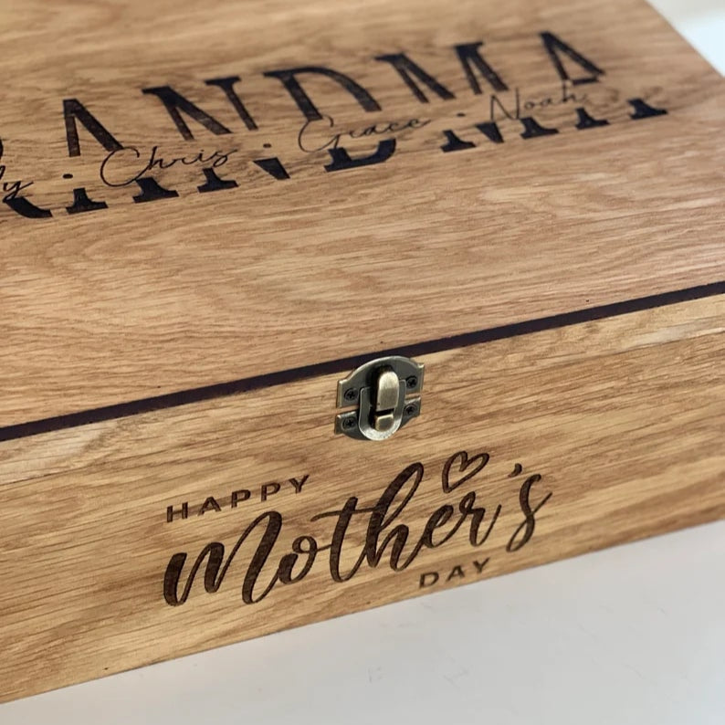 Wooden box engraved with 'Grandma' and 'Happy Mother's Day' on a white background