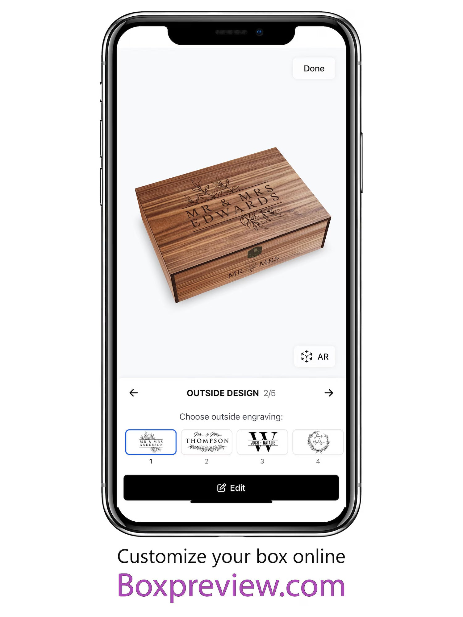 Smartphone displaying a wooden box customization app with 'Boxpreview.com' branding.