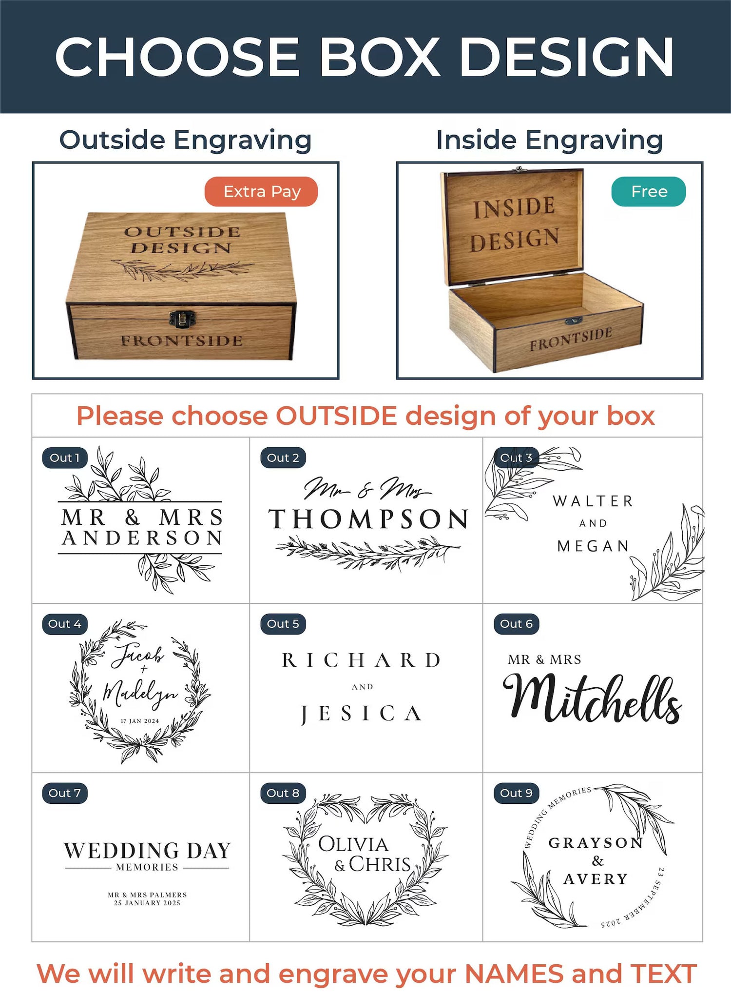 Wooden box design selection with outside and inside engraving options.