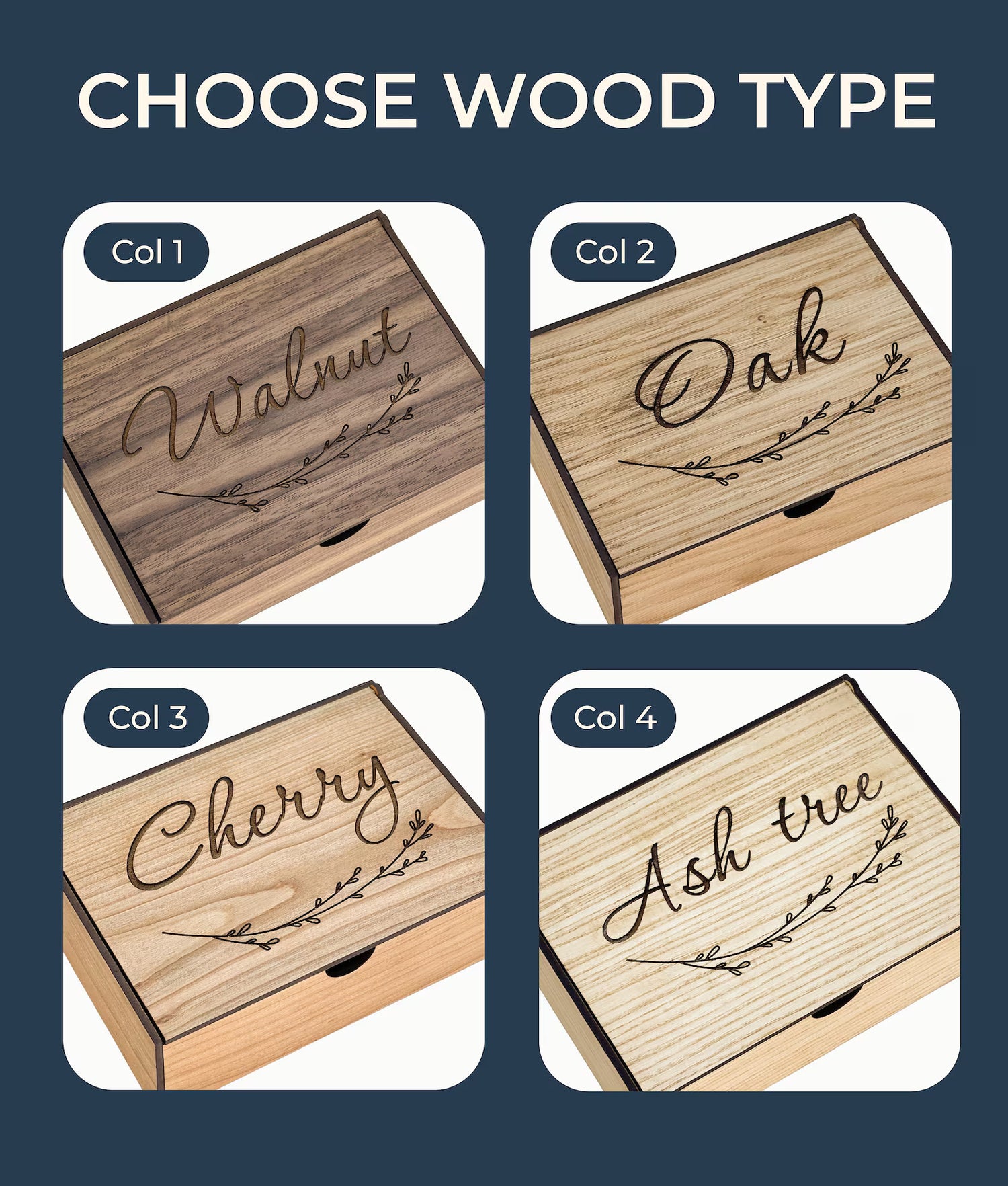 Wooden boxes with 'Walnut', 'Oak', 'Cherry', and 'Ash tree' text on a dark blue background.