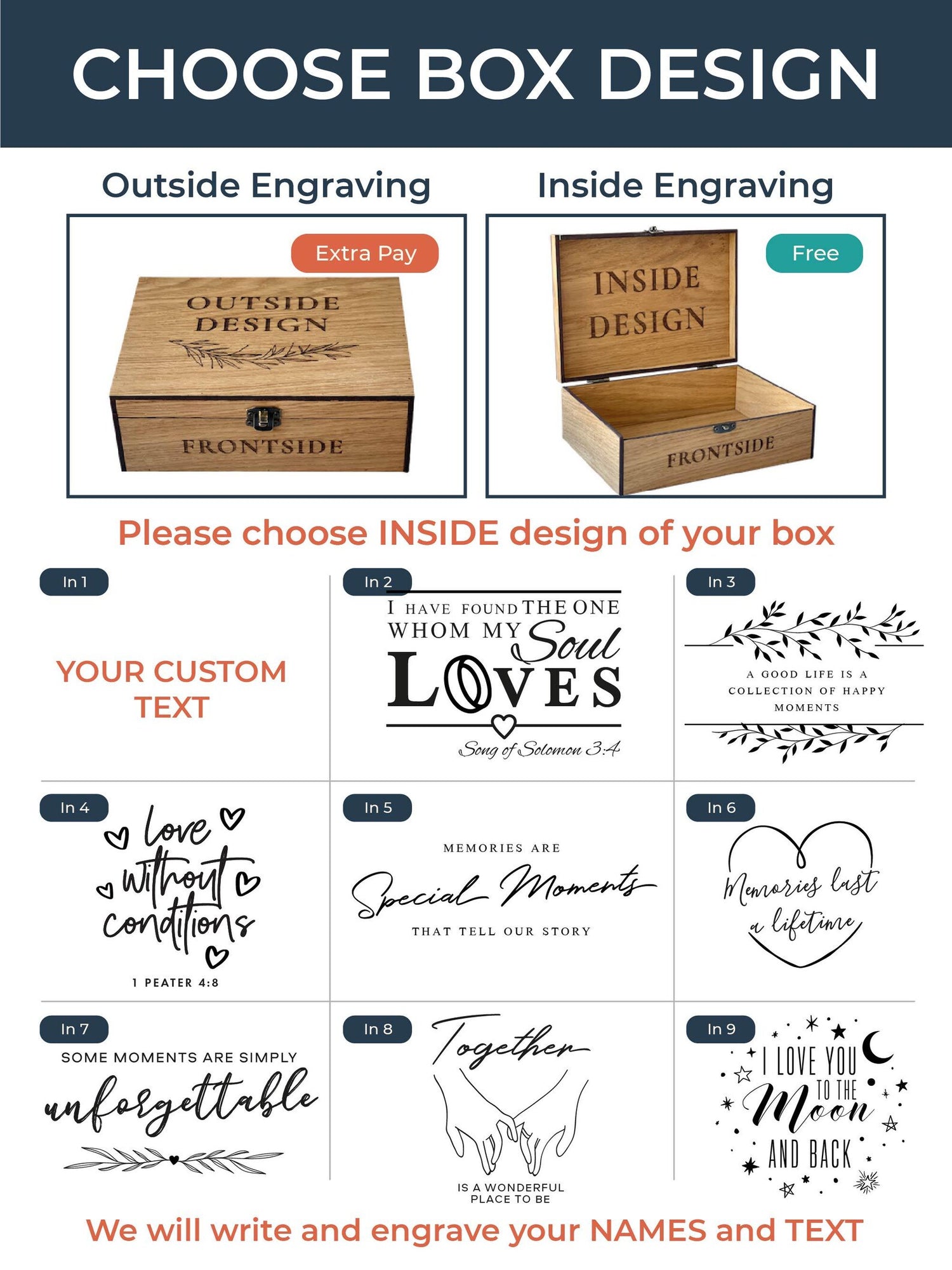 Design selection interface for engraved wooden boxes with options for outside and inside engravings.