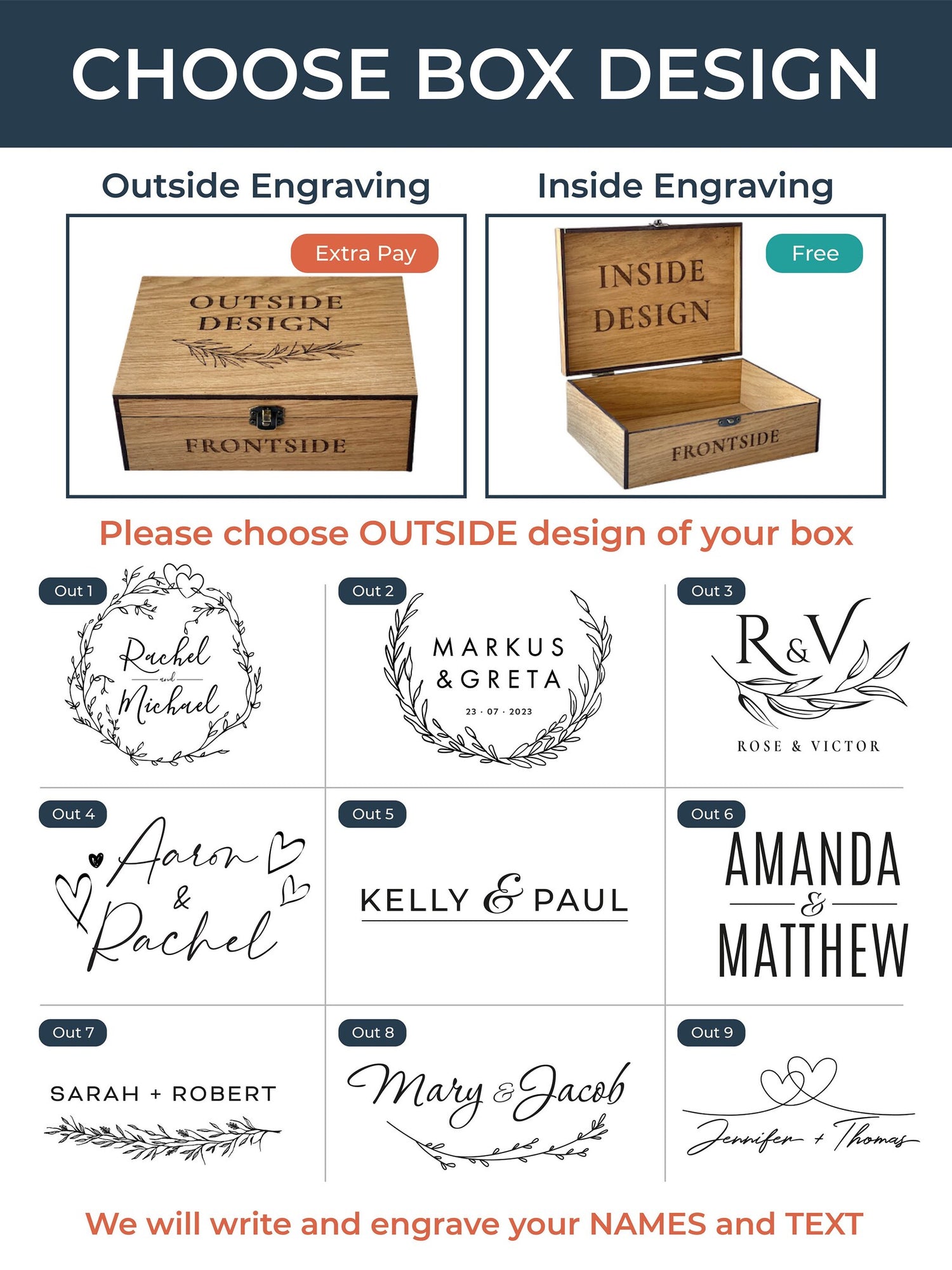 Design selection for wooden boxes with engraving options on a blue background