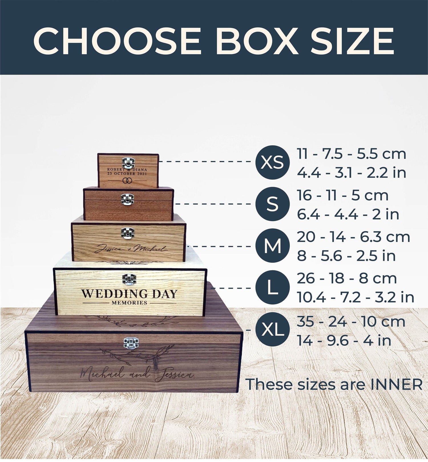 Wooden boxes with engraved text and size chart on a wooden surface
