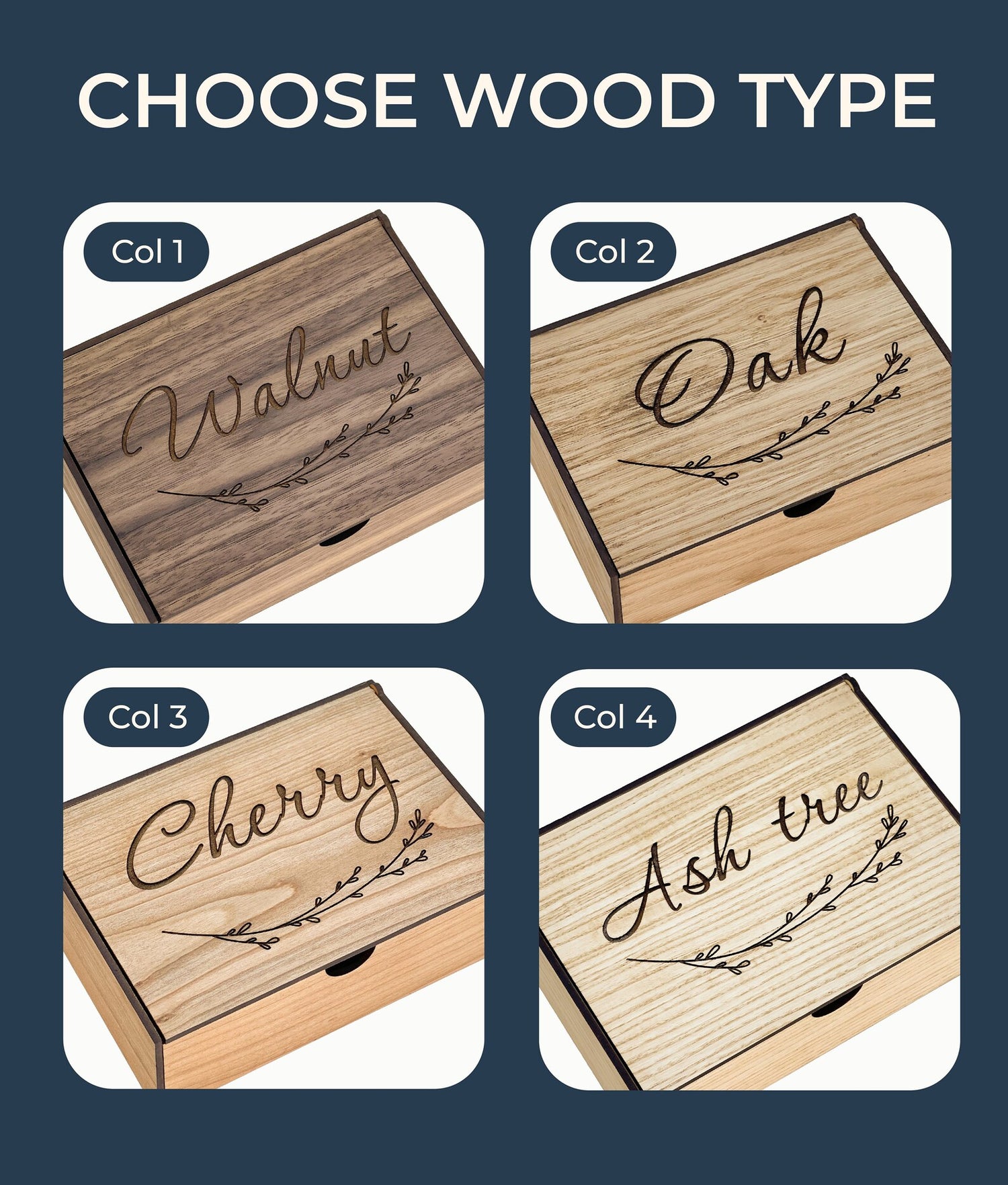 Wooden boxes with engraved wood type names on a dark blue background