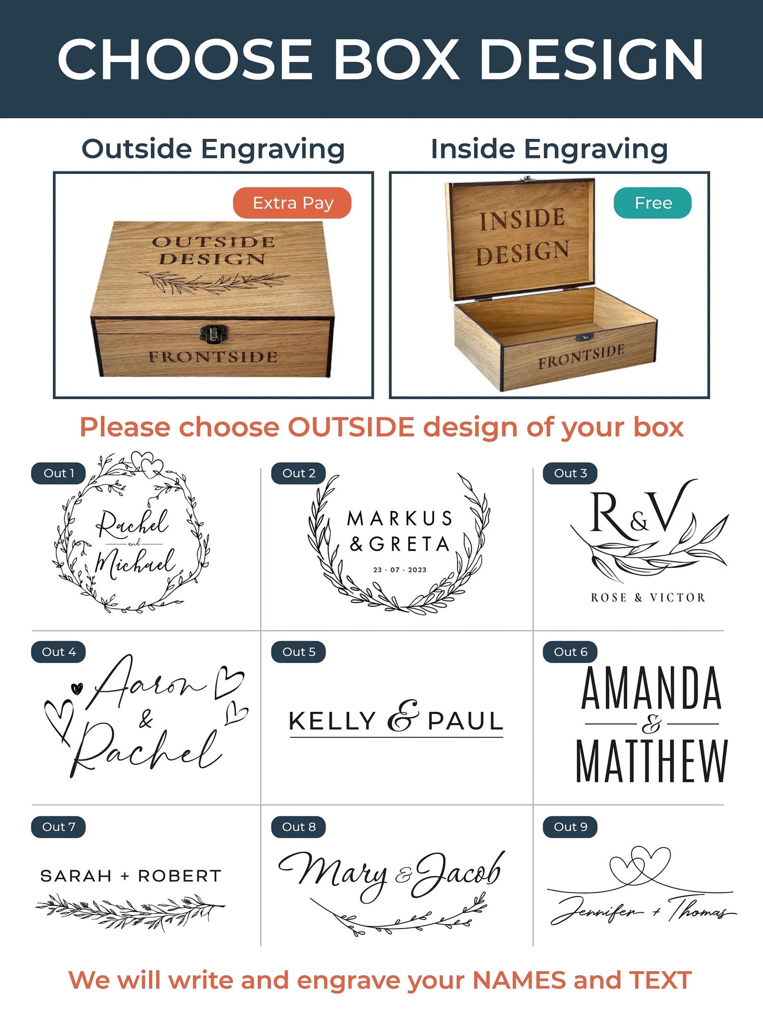 Design selection chart for box engraving with various name designs.